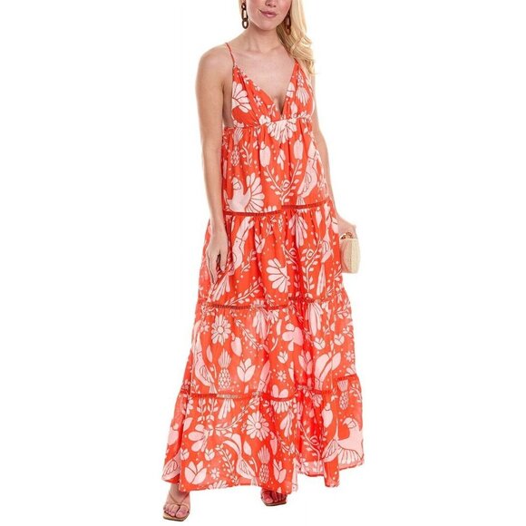 FARM Rio Orange White Neon Jungle Print Tiered Maxi Dress Size XL NWT!